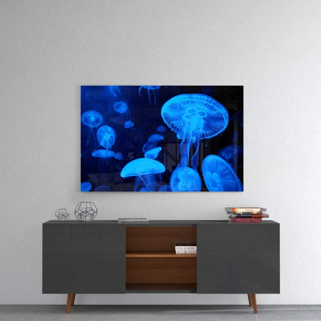 Glowing blue jellyfish glass wall art print
