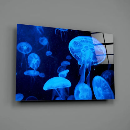 Blue glowing jellyfish wall art print on modern canvas frame