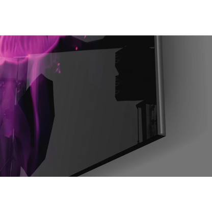 Glowing jellyfish glass wall art in pink and purple