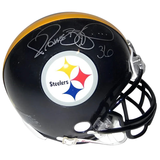 Black pittsburgh steelers mini helmet with gold stripe featuring team logo and jerome bettis autograph