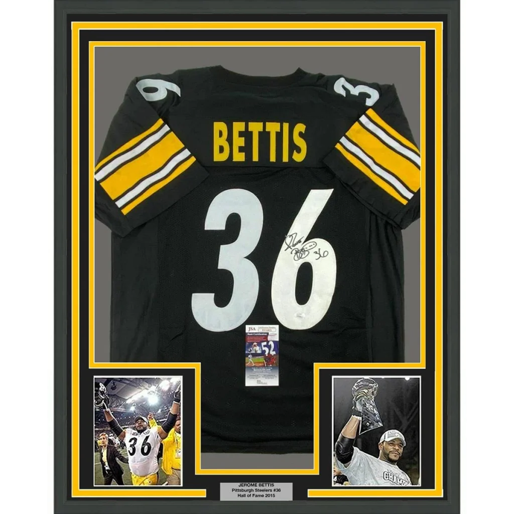 Framed Jerome Bettis autographed Steelers jersey with photos and trading card ready to hang