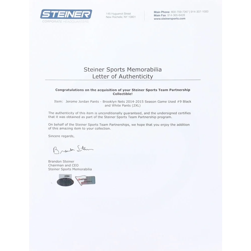 Letter of authenticity for Jerome Jordan Brooklyn Nets game-worn tracksuit with Steiner LOA