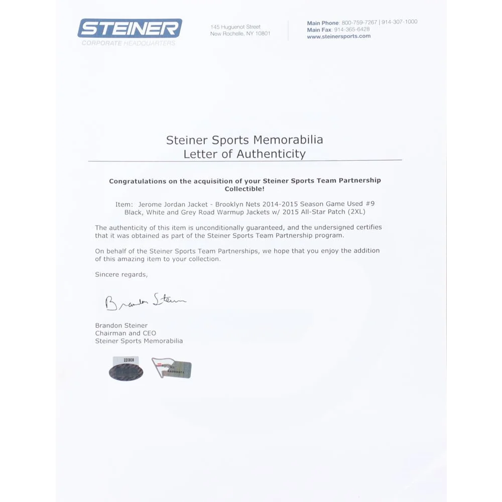 Letter of authenticity for Jerome Jordan Brooklyn Nets game-worn warm-up with Steiner LOA