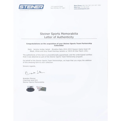 Letter of authenticity for Jerome Jordan Brooklyn Nets game-worn warm-up with Steiner LOA