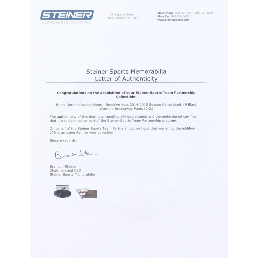Letter of authenticity for Jerome Jordan sports memorabilia with Steiner LOA and Fanatics hologram