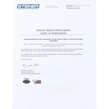 Letter of authenticity for Jerome Jordan sports memorabilia with Steiner LOA and Fanatics hologram