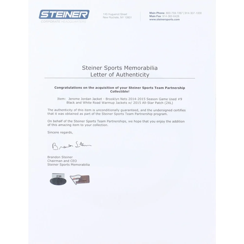 Letter of authenticity for Jerome Jordan game-worn Brooklyn Nets Adidas tracksuit with Steiner LOA and Fanatics hologram