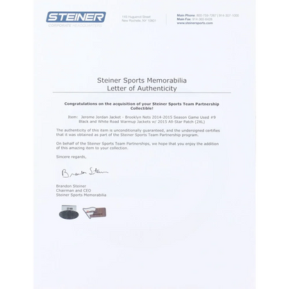 Letter of authenticity for Jerome Jordan game-worn Brooklyn Nets Adidas tracksuit with Steiner LOA and Fanatics hologram