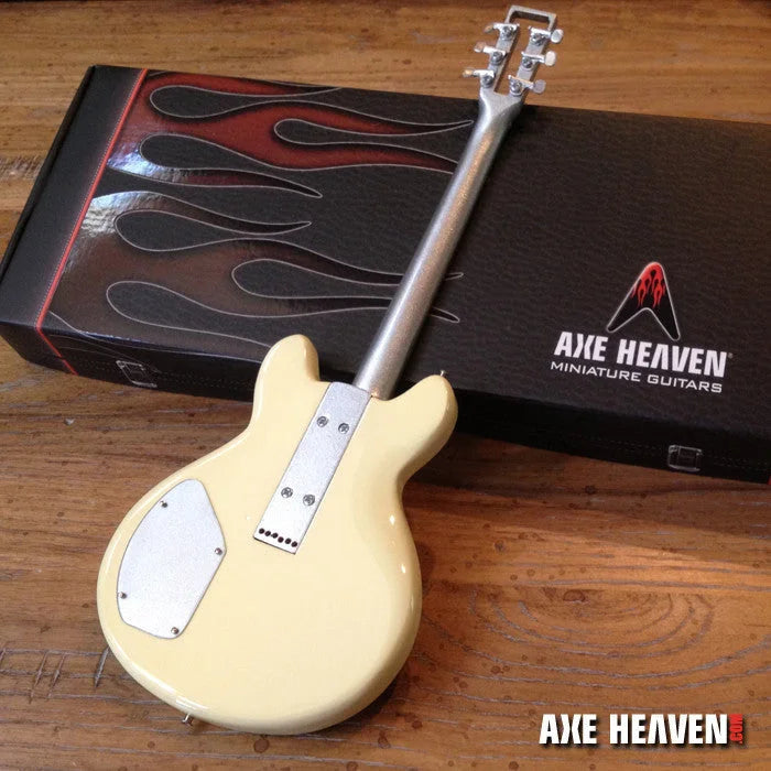 Jerry Garcia Axe Heaven miniature guitar replica with cream body and silver neck on adjustable A-frame stand