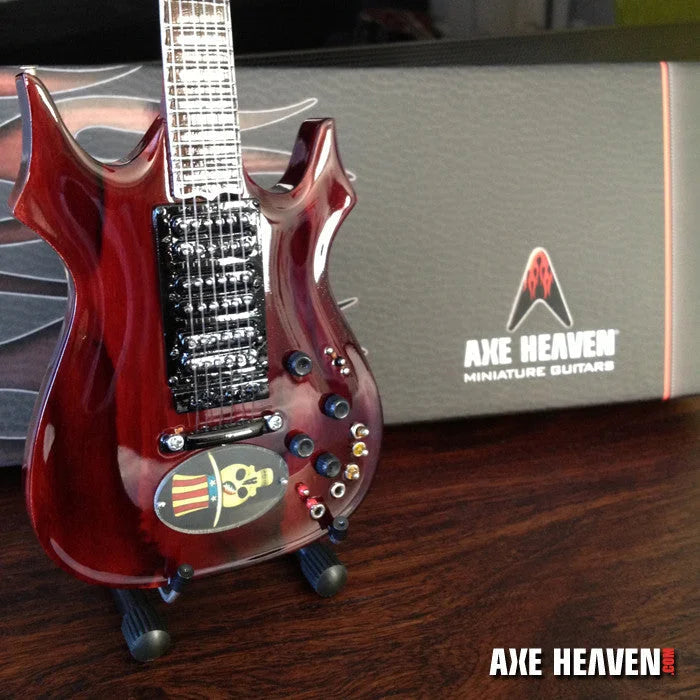 Red Axe Heaven Jerry Garcia Top Hat mini guitar with skull design on adjustable A-frame stand