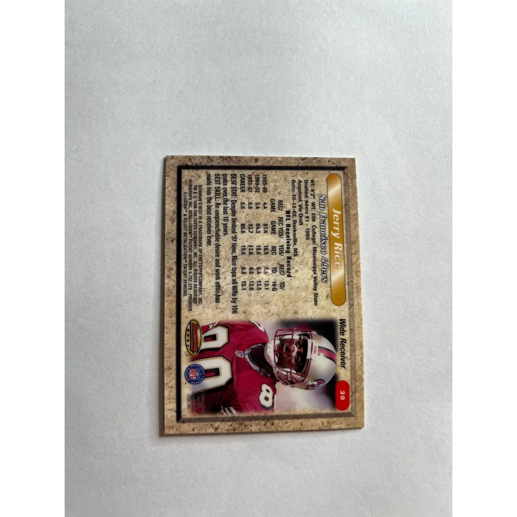 Football trading card of Jerry Rice in a red uniform from Bowmans Best Rice Card