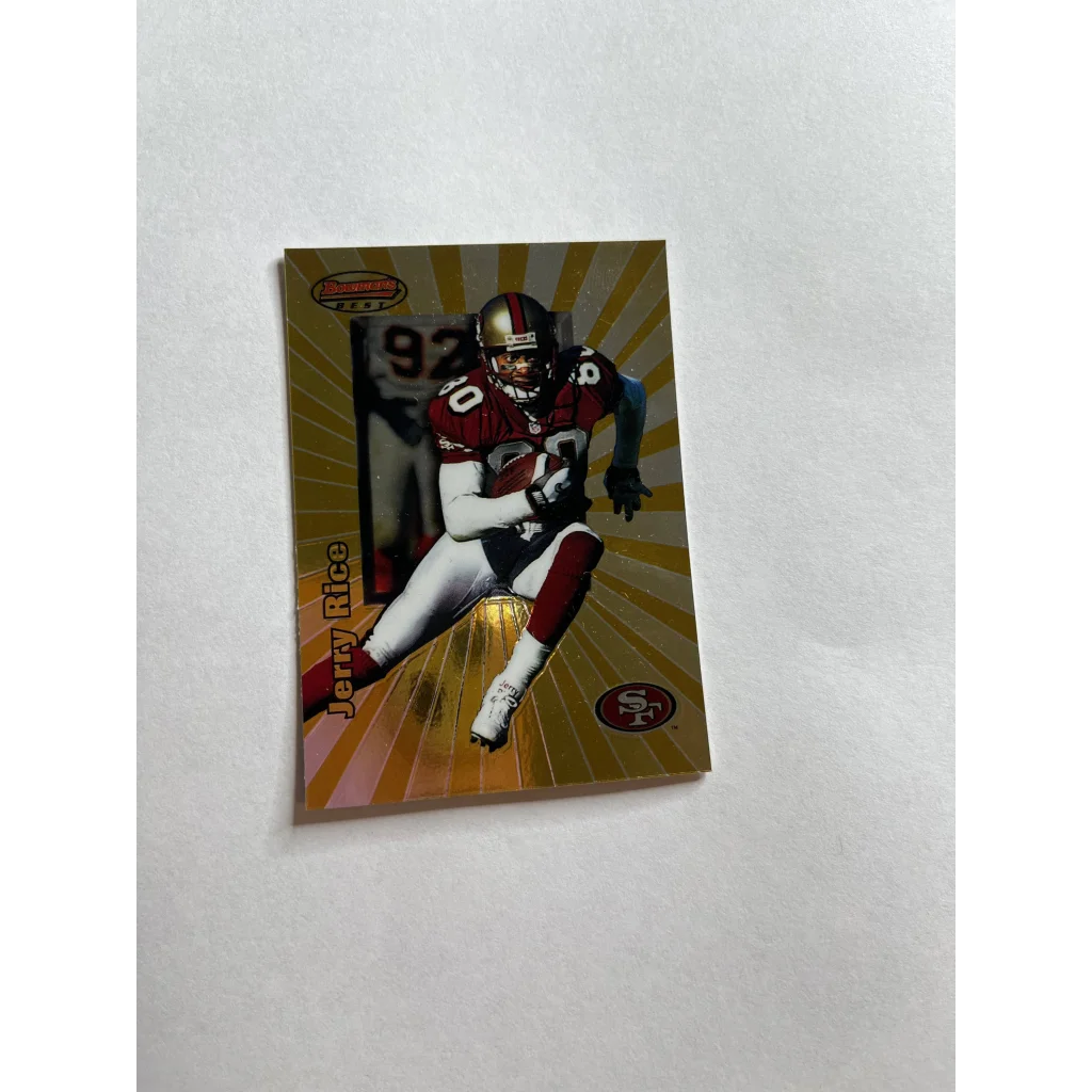 Jerry Rice card from 1997 Bowmans Best set in red uniform, football legend product