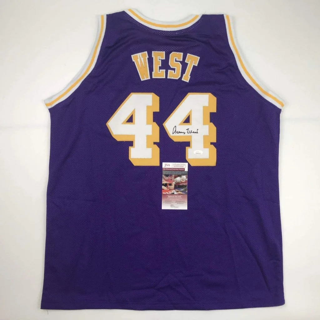 Jerry West signed custom Lakers jersey, purple with yellow accents, number 44