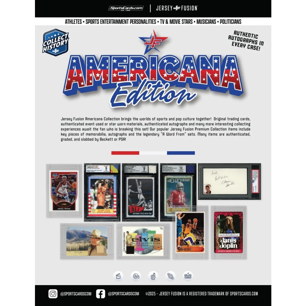 Advertisement for Americana Edition trading cards in Jersey Fusion Marilyn Monroe Joe DiMaggio box