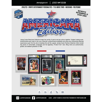 Advertisement for Americana Edition trading cards in Jersey Fusion Marilyn Monroe Joe DiMaggio box