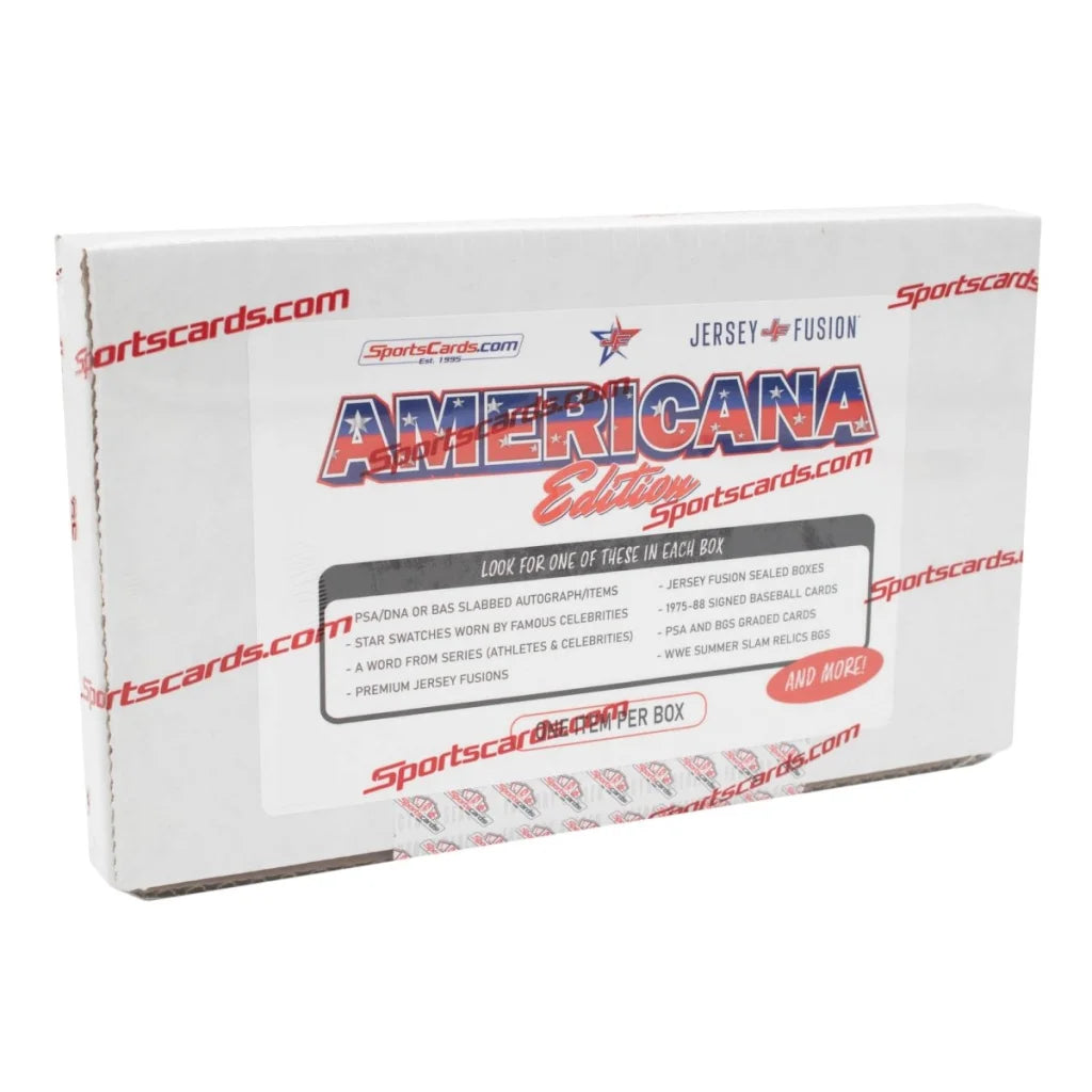 White cardboard box of Jersey Fusion Americana Edition sports cards featuring Marilyn Monroe and Joe DiMaggio