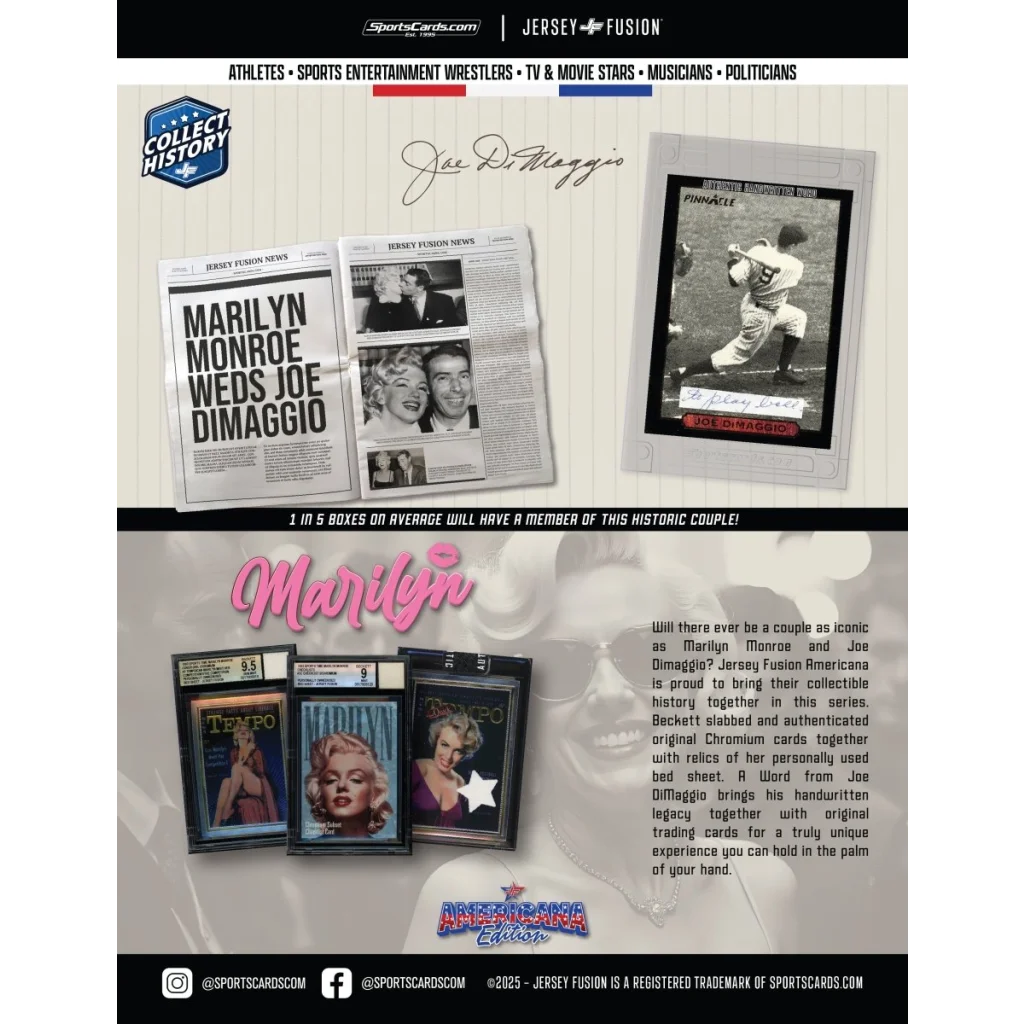 Jersey Fusion Marilyn Monroe Joe DiMaggio Trading Cards Americana Box promotional ad