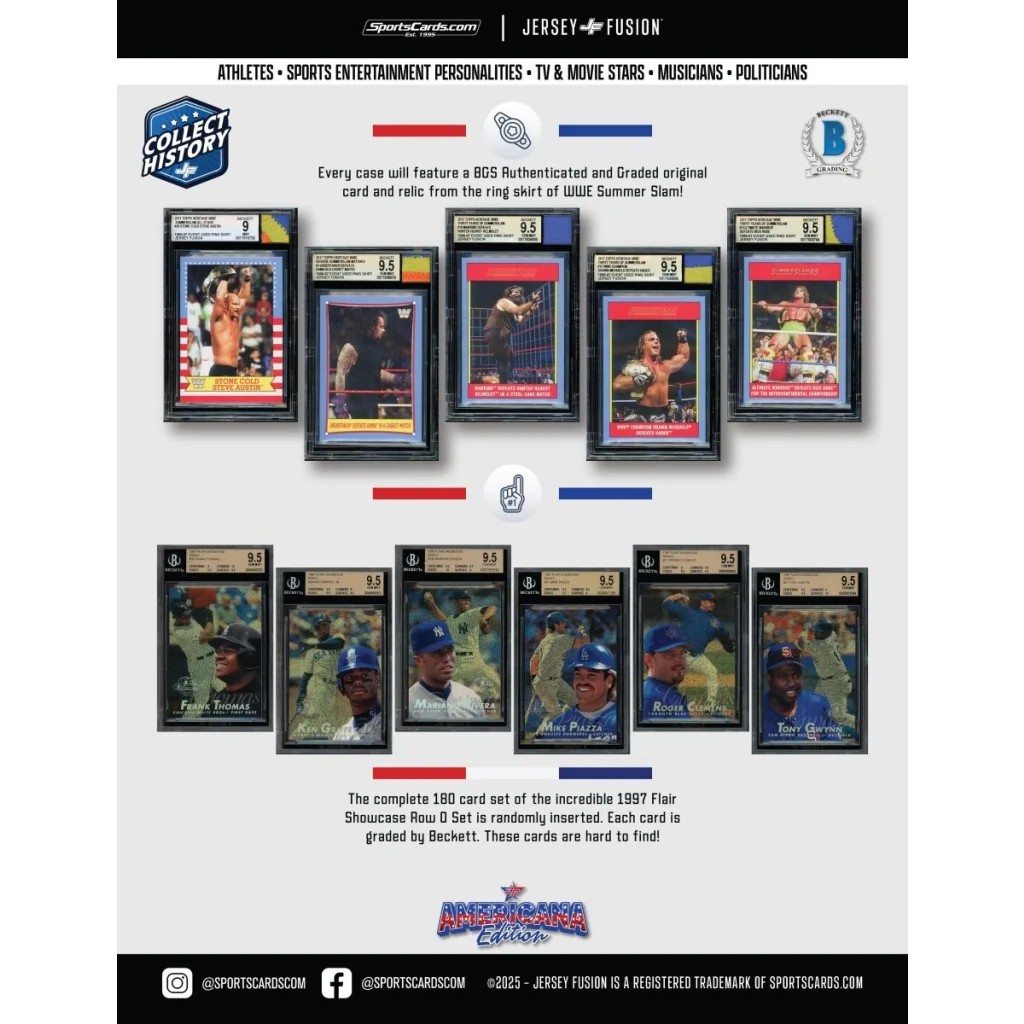 Jersey Fusion Marilyn Monroe Joe DiMaggio Trading Cards Americana Box showing graded sports and entertainment cards