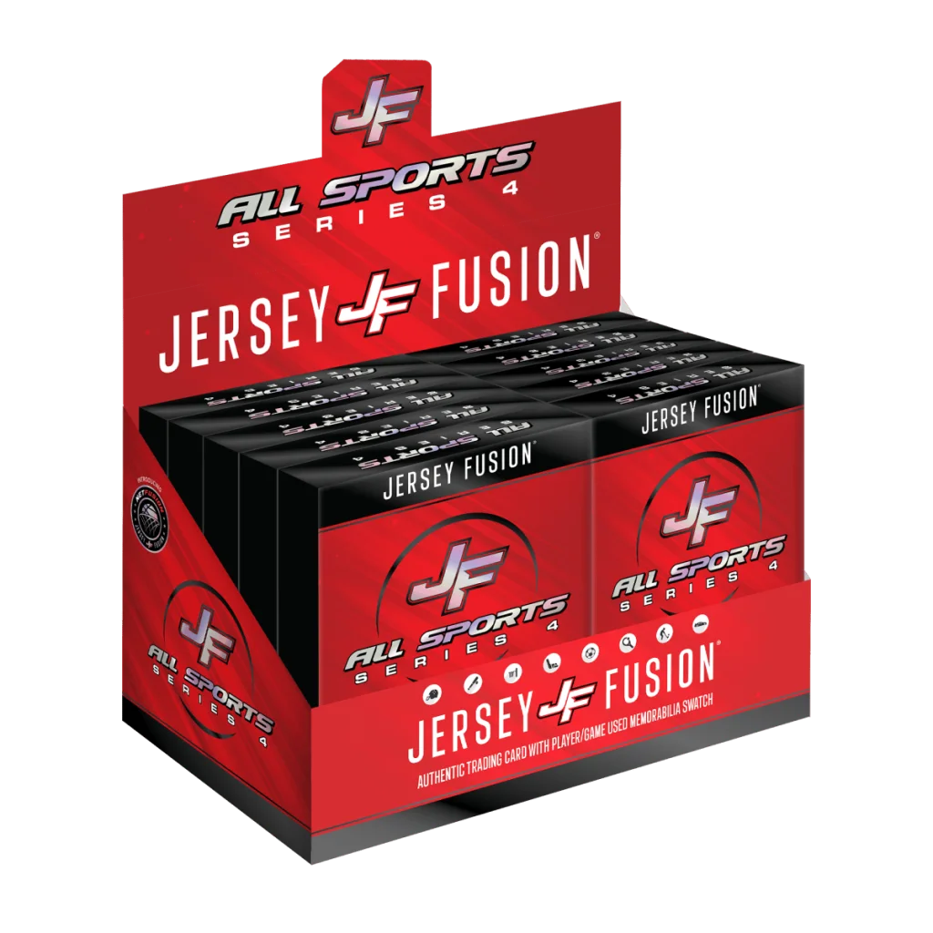 Jersey Fusion Sports Trading Card Display Box with 10 Packs featuring Jersey Fusion cards