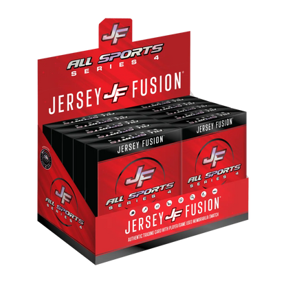 Jersey Fusion Sports Trading Card Display Box with 10 Packs featuring Jersey Fusion cards