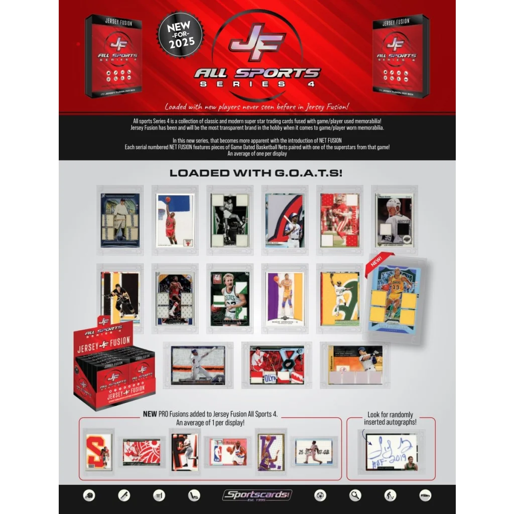 Jersey Fusion Sports Trading Card Display Box featuring game-used memorabilia and autographs