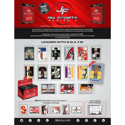 Jersey Fusion Sports Trading Card Display Box featuring game-used memorabilia and autographs
