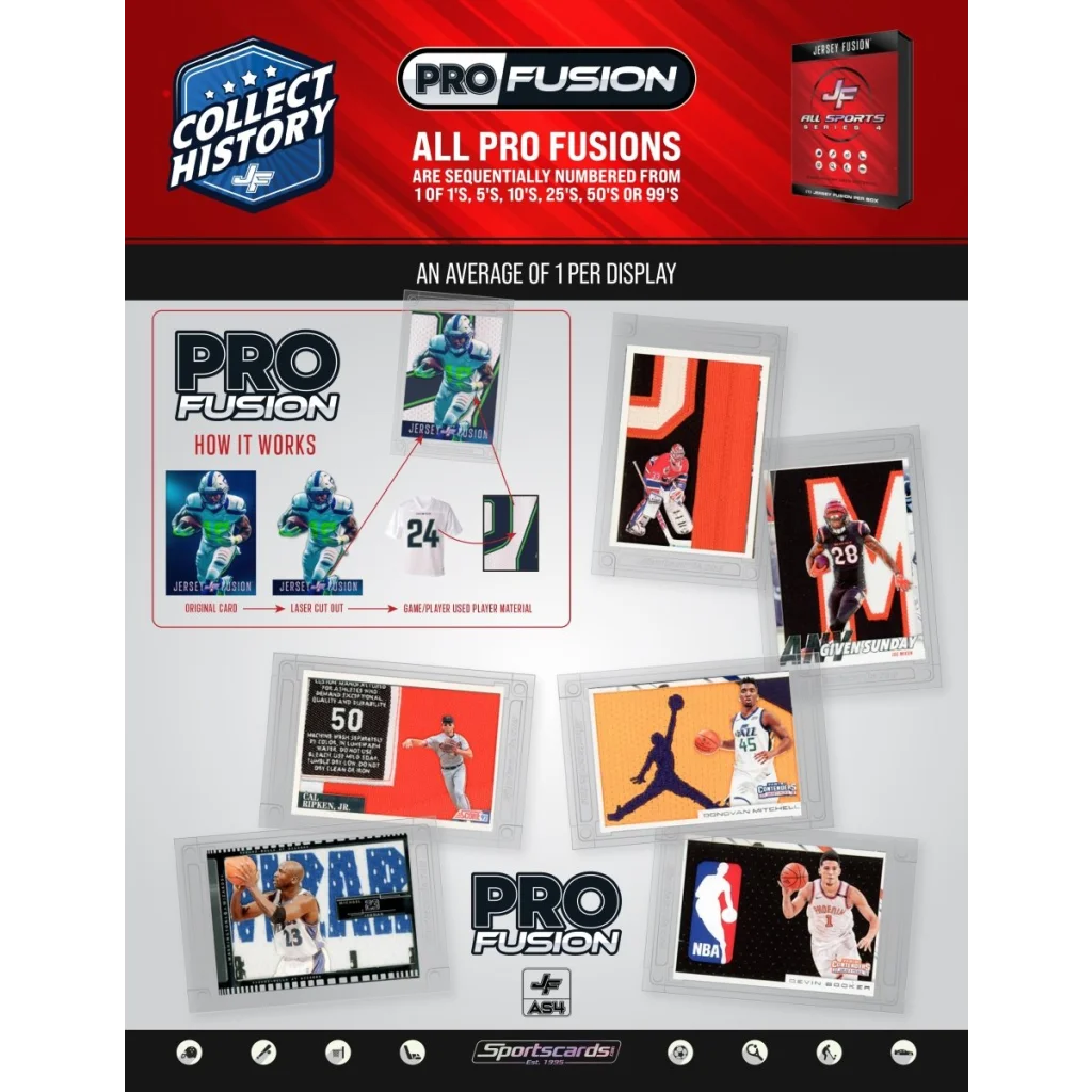 Promotional poster for Pro Fusion sports trading cards in Jersey Fusion display box