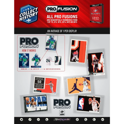 Promotional poster for Pro Fusion sports trading cards in Jersey Fusion display box