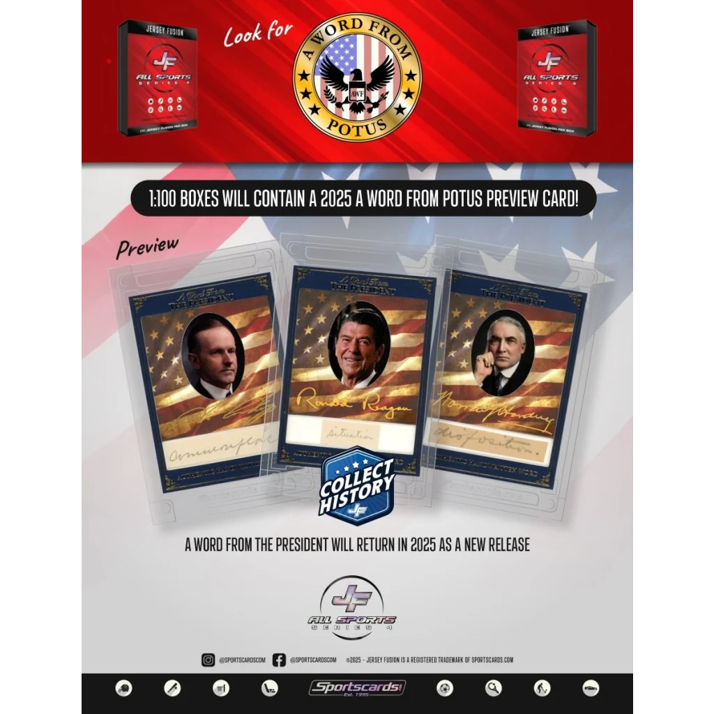 Jersey Fusion sports trading card display box with promotional poster for A Word From POTUS cards