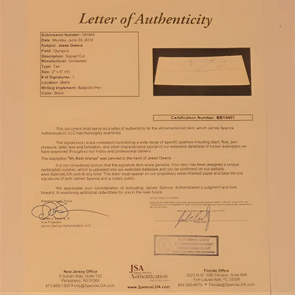 Jesse Owens signed 1936 Olympics tribute piece with JSA letter