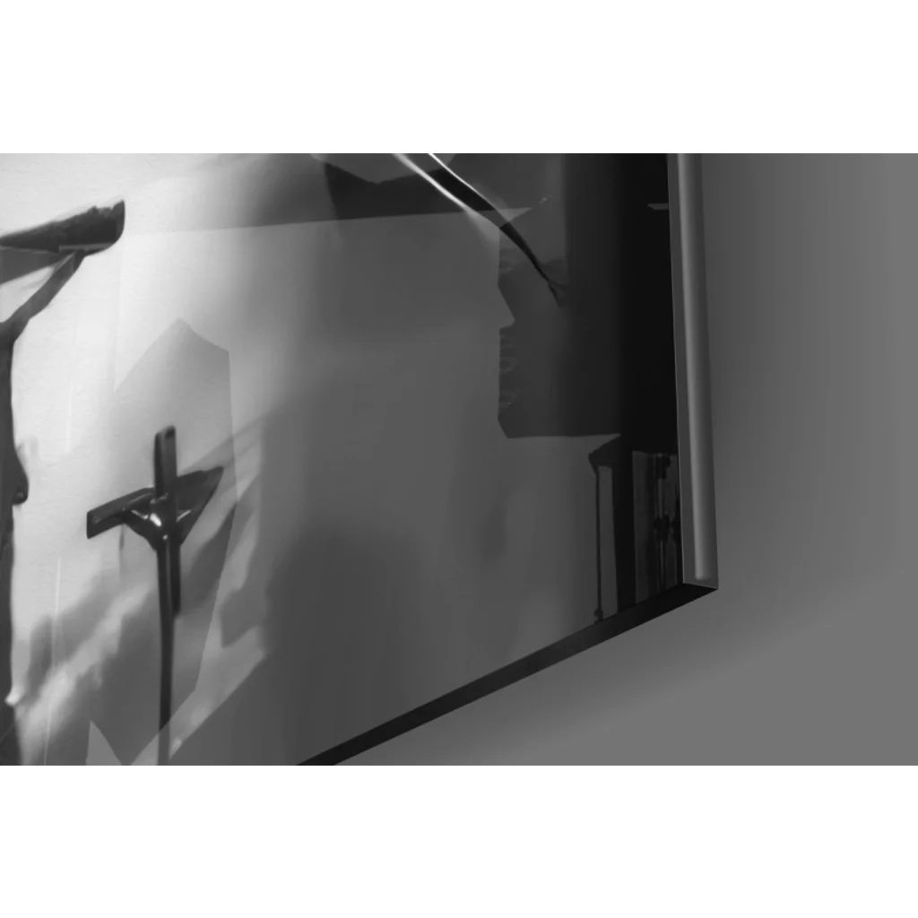 Black metal cross on wall in Sacred Crown black and white glass wall art