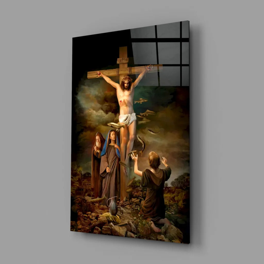 Dramatic Crucifixion glass wall art of Jesus on cross in classical style