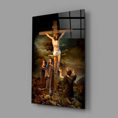 Dramatic Crucifixion glass wall art of Jesus on cross in classical style