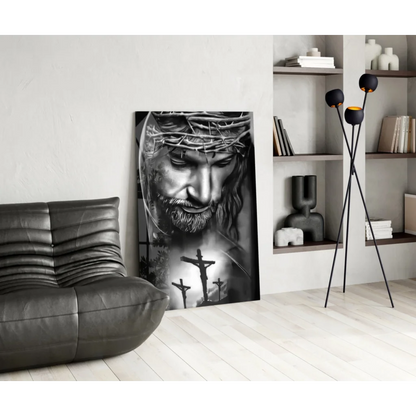 Solemn black-and-white canvas wall art of crowned face with thorns and crosses