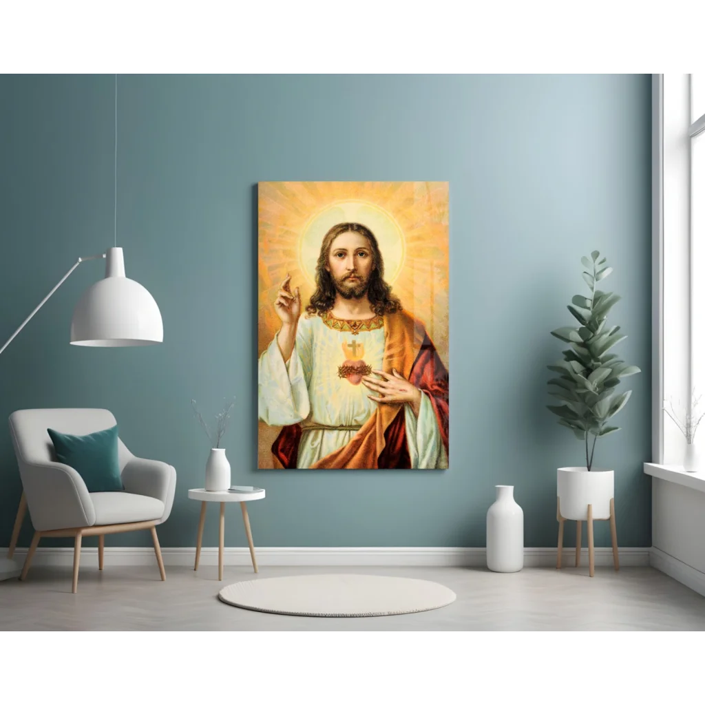 Sacred Heart Jesus Canvas Wall Art with Golden Halo | Contemporary Home Wall Art | vintageantiquesgifts.com