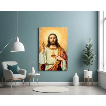 Sacred Heart Jesus Canvas Wall Art with Golden Halo | Contemporary Home Wall Art | vintageantiquesgifts.com