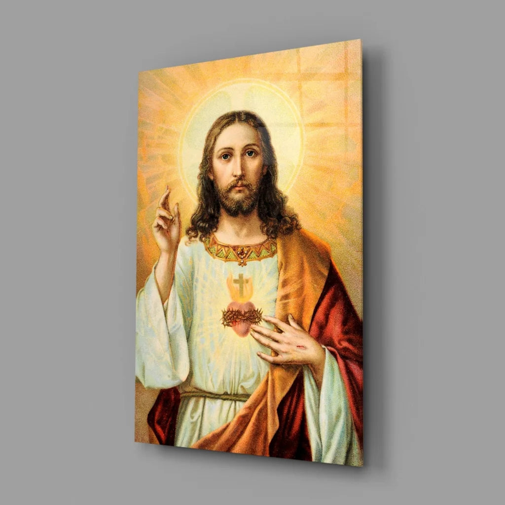 Sacred Heart Jesus Canvas Wall Art with Golden Halo | Glass Wall Art Print | vintageantiquesgifts.com
