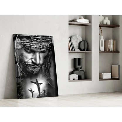 Black and white canvas wall art of solemn figure with crown of thorns and crosses
