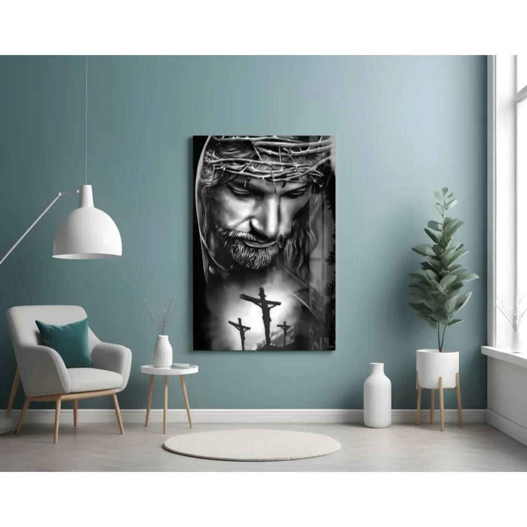 Black and white canvas wall art of solemn crowned figure with three crosses
