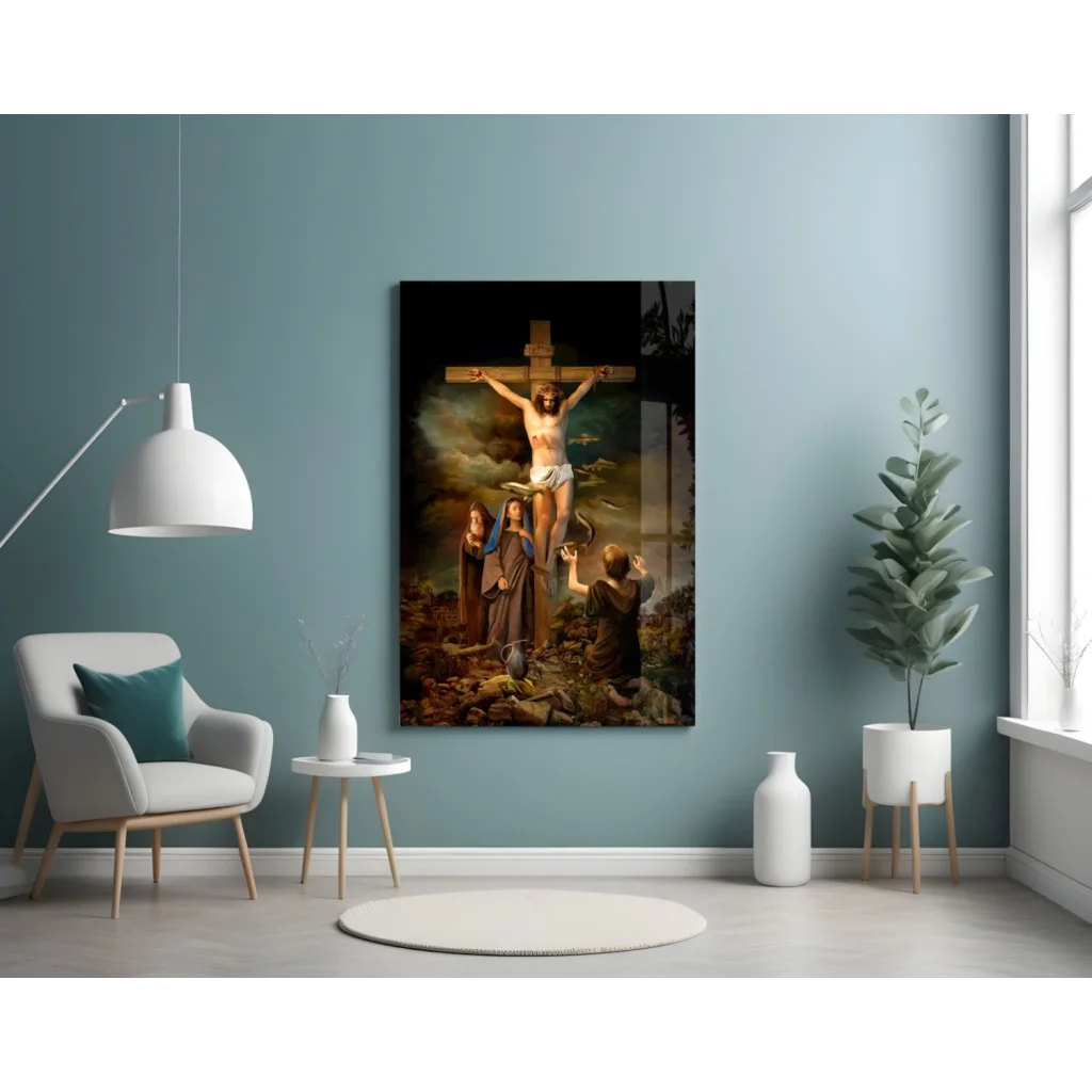 Dramatic Crucifixion of Jesus glass wall art in framed religious painting