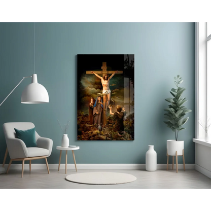 Dramatic Crucifixion of Jesus glass wall art in framed religious painting