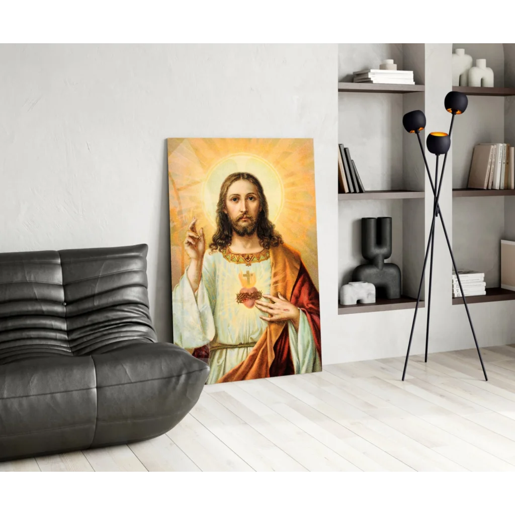 Sacred Heart Jesus canvas wall art with golden halo