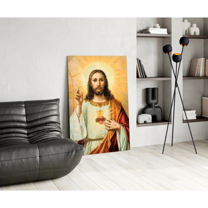Sacred Heart Jesus canvas wall art with golden halo
