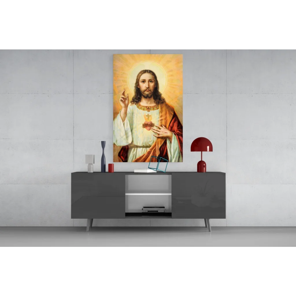 Sacred Heart Jesus canvas wall art with golden halo and ornate cross