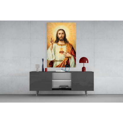 Sacred Heart Jesus canvas wall art with golden halo and ornate cross