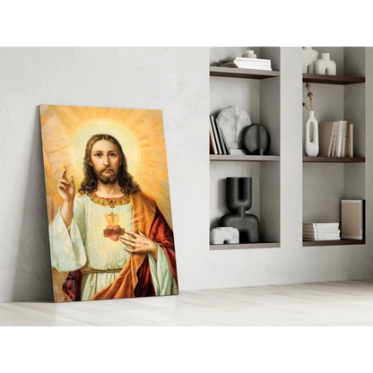 Sacred Heart Jesus canvas wall art with golden halo and ornate robe