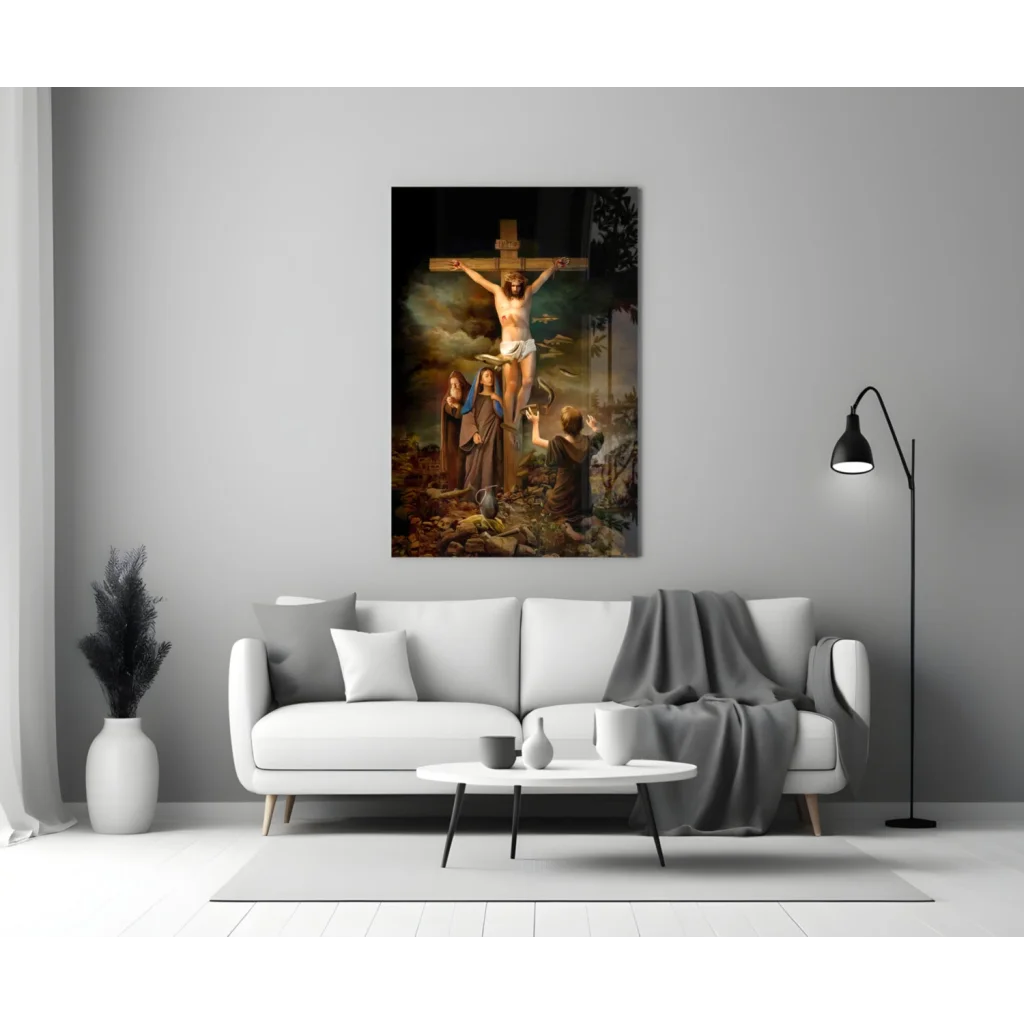 Framed Crucifixion of Jesus glass wall art in earthy tones and dramatic light