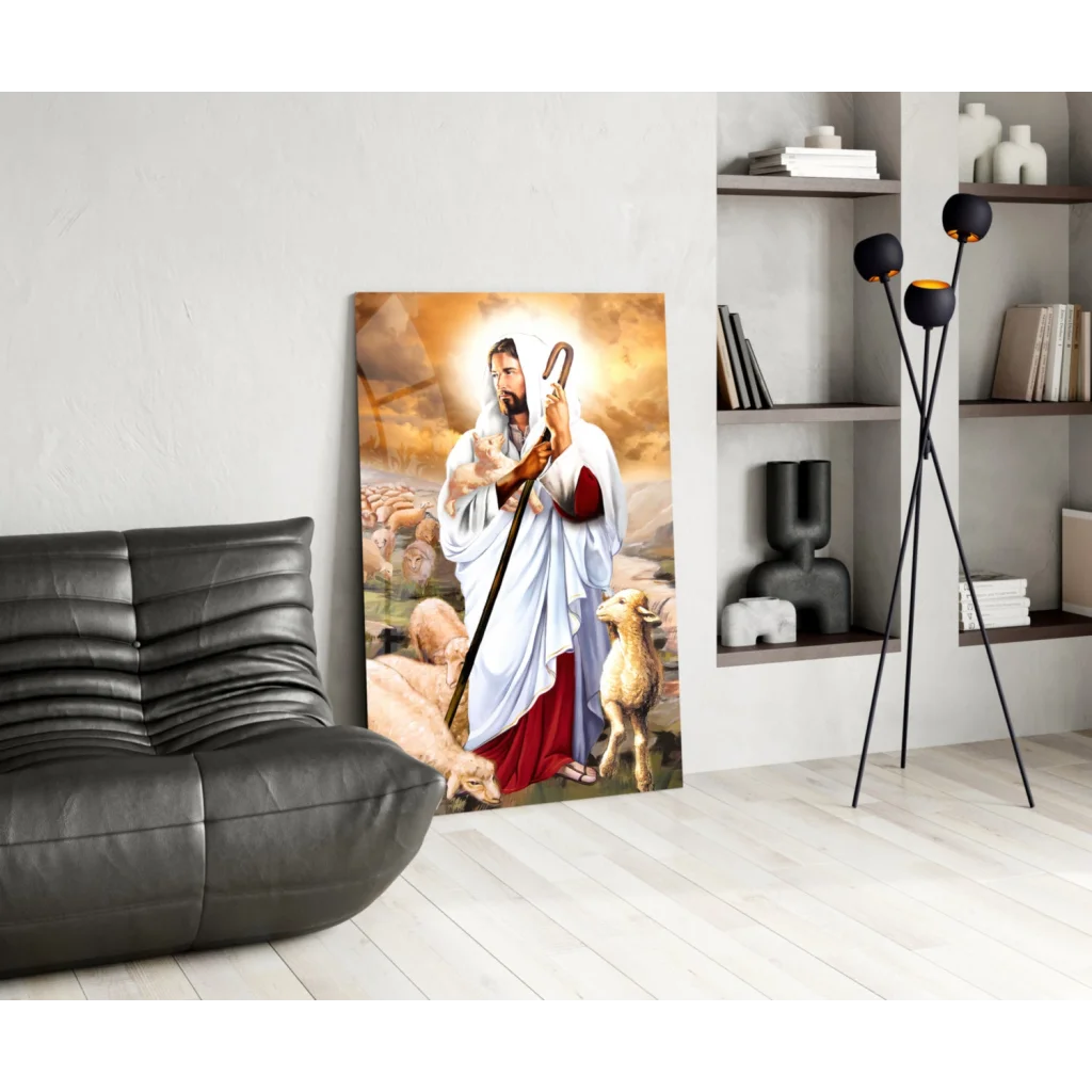 Jesus the Good Shepherd canvas wall art print with halo and sheep