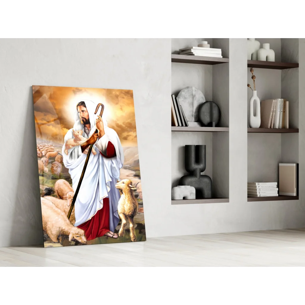 Jesus the Good Shepherd canvas wall art print with sheep