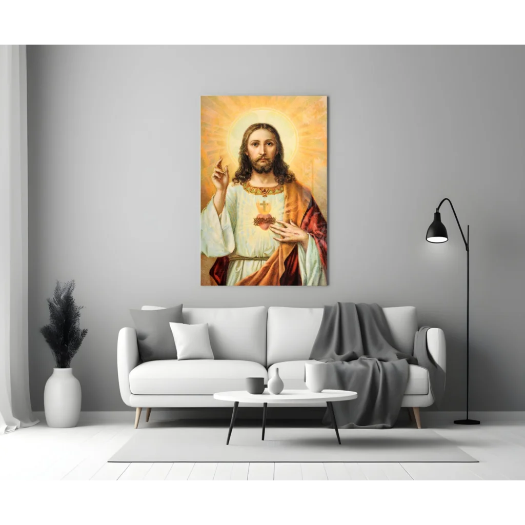 Sacred Heart Jesus Canvas Wall Art with Golden Halo | Modern Wall Art Decor | vintageantiquesgifts.com